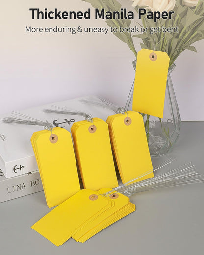 Uniclife 100 Pcs Yellow Blank Shipping Tags with Wire Attached 4.7 Inch Paper Tags Hang Tag with Reinforced Eyelet Large Marking Label Writable Price Tags Inventory Label Tag, 4.7" x 2.36"