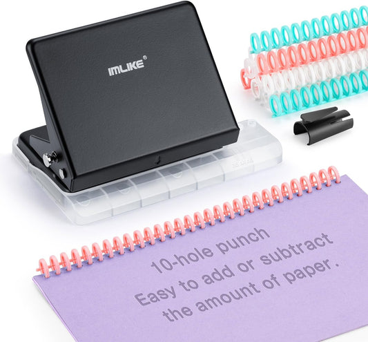 IMLIKE 10-Hole Binding Machine for Planners - Metal Manual Binding System with 10 Multi-Color 30-Hole Loose Leaf Binding Spines - Punches 26 Holes on B5, 30 Holes on A4, 20 Holes on A5 Paper - Black