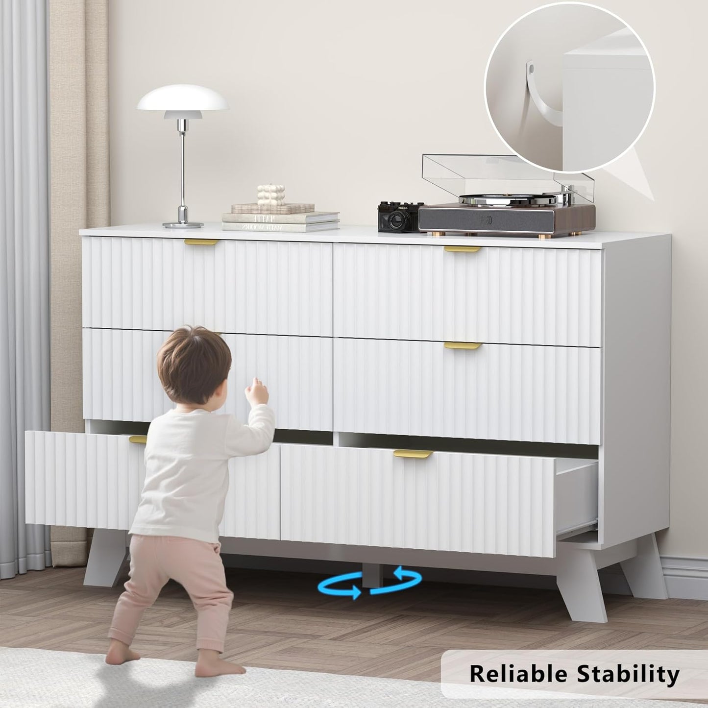 Fluted 6 Drawer Dresser, 47.2" Wide Modern Boho Chest of Drawers, Wooden Storage Dresser TV Stand for Bedroom, Living Room, Closet, Hallway, Curved Profile Design