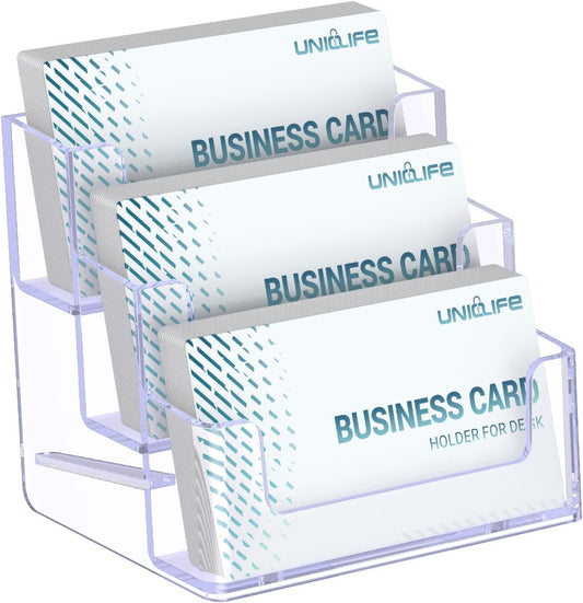 Uniclife Acrylic Business Card Holder for Desk 3 Slots Clear Business Card Display Stand for Men & Women Desktop Business Card Organizer Card Stand for Office Home Exhibition, 180 Card Capacity