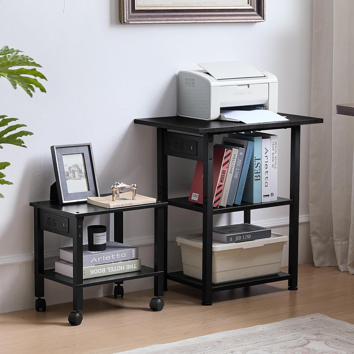 Lerliuo 3-Tier Printer Stand with Charging Station, Industrial Mobile Printer Table with Storage Shelf and Steel Frame, Rolling Printer Cart Holder with Lockable Wheels for Home, Office (Black)
