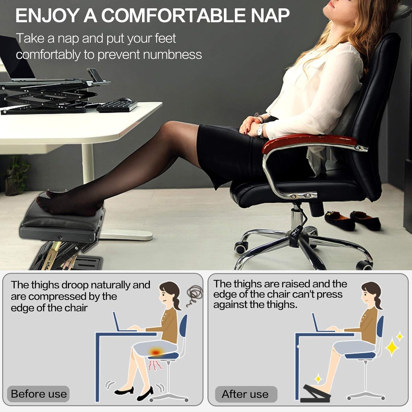 Adjustable Footrest with Removable Soft Foot Rest Pad Max-Load 140Lbs with 4-Level Height and Angle Adjustment Massage Footrest Under Desk for Car Travel, Kid's Writing, Office