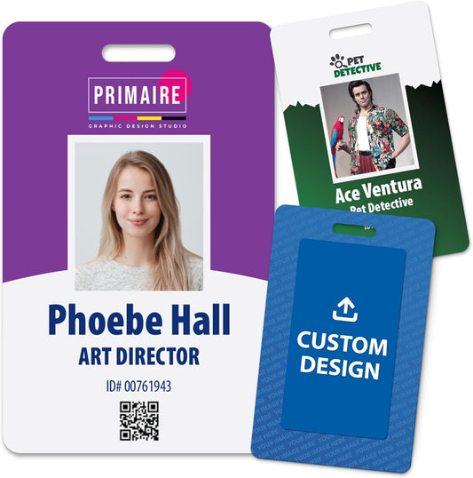Custom Print Employee ID Badge, Double Sided with Name, Photo, Logo, and Barcode – Unique Photo ID Card Solution (ID Vertical)