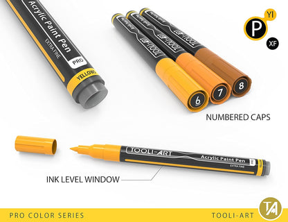 Acrylic Paint Pens 22 Yellow & Brown Tones Assorted Pro Color Series Markers Set 0.7mm Extra Fine Tip for Rock Painting, Glass, Mugs, Wood, Metal, Canvas, Projects, Non Toxic, Waterbased, Quick Drying