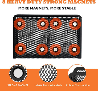 Magnetic Pencil Holder - Extra Strong Magnets Mesh Marker Holder Perfect for Whiteboard, Refrigerator and Locker Accessories (2 Baskets, 1 Pack Black)