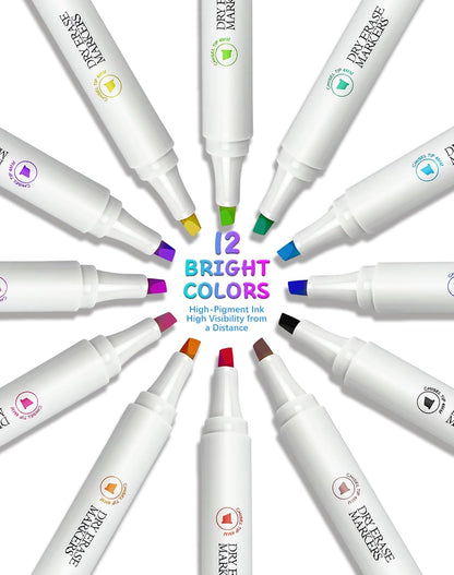 SFAIH Dry Erase Markers Chisel Tip with Magnetic Whiteboard Eraser, 36 Bulk 12 Assorted Colors White Board Markers for Teachers, Versatile Lines, 1s Quickly Dry, Perfect for Classroom and Office