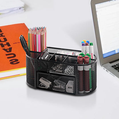 Comix Mesh Pen Pencil Holder Desk Organizer, 8 Compartment and 1 Drawer Wire Desktop Pen Pencil Cup Caddy Office Supplies Accessories for Home Office School, Black