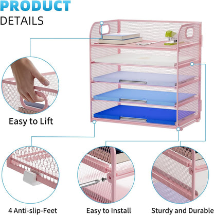 Marbrasse Paper Organizer Letter Tray, 5 Tier Mesh File Organizer with Handle, Paper Sorter Desk Organizer for Home Office Supplies - Pink