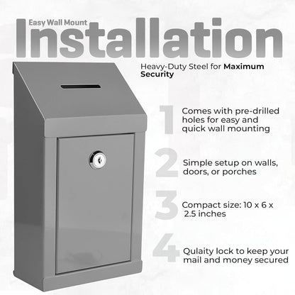 Metal Donation Box-Suggestion Box with Slot and lock-Cash Lock box for Money-Secure Drop Box-Comment and ballot voting box-comes with pre-drilled holes for easy wall mounting 10 X 6 X 2.5"(Grey)