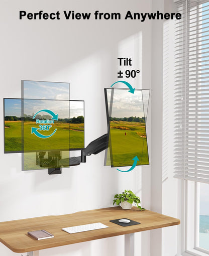 MOUNT PRO Dual Monitor Wall Mount for 2 Computer Screen up to 32 Inch, Gas Spring Double Monitor Arm Holds Up to 17.6lbs Each, Full Motion Adjustable Wall Monitor Mount, VESA Mount 75x75/100x100