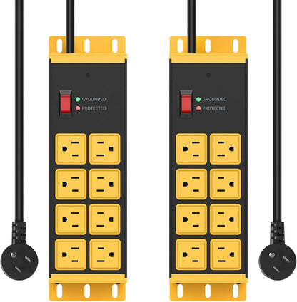 HHSOET 2 Pack Heavy Duty Power Strip 8 Outlets, Metal Wall Mount Outlet Strip 4800J Surge Protector, Garage Shop Under Desk Mountable 6FT Extension Cord Plug, ETL Listed