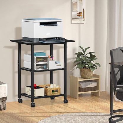 Lerliuo 3-Tier Printer Stand, Industrial Mobile Printer Table with Storage Shelf and Steel Frame, Rolling Printer Cart Holder with Lockable Wheels for Home, Office (Black)