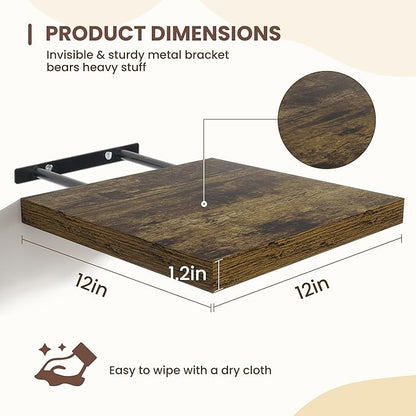 Fun Memories Square Floating Shelves for Wall - 12 Inch Deep Floating Shelves with Invisible Brackets, Brown Small Wall Shelf for Living Room, Bathroom, Bedroom, and Kitchen Decor，Set of 4
