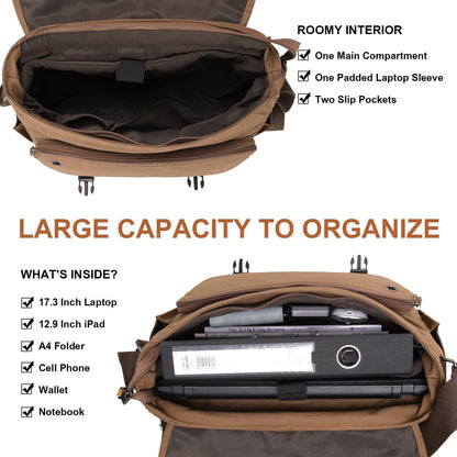 ESTARER Messenger Bag 17-17.3 Inch, Men's Computer Bag Water-resistant Canvas, Laptop Shoulder Bag for Travel Work College, Brown