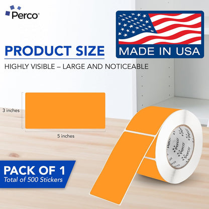 Perco Fluorescent Orange Labels 3x5 Inch 500 Stickers/Roll with Easy Peel Perforation and Strong Adhesion for Inventory Management, Color Coding, Moving Boxes, Retail, Organizing & Crafts–Made in USA