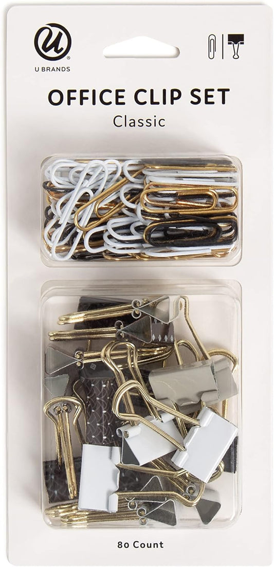 U Brands Classic Clips Set, Office Supplies, Black and White with Gold, Office Supplies, Paper and Binder Clips, 80 Count