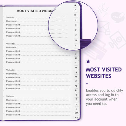 JUBTIC Password Book with Individual Alphabetical Tabs, 7"x10" Internet Password Keeper Book for Seniors, Password Notebook and Organizer/Notes Section,Purple