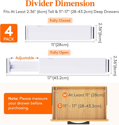 Lifewit 4 Pack Kitchen Drawer Dividers 2.36" High, 11"-17" Adjustable Drawer Organizer for Utensils/Clothes/Makeup, Plastic Expandable Separators in Dresser/Bedroom/Bathroom/Office Storage