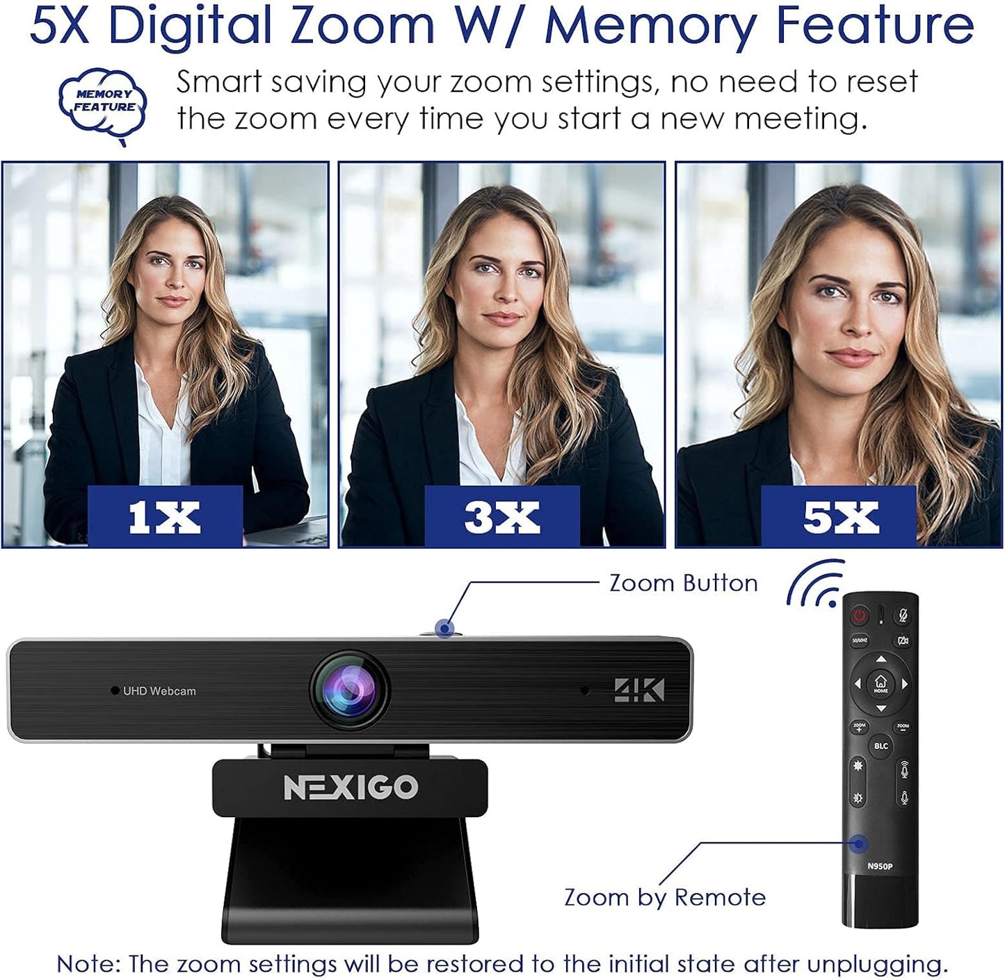 NexiGo Zoom Certified, N950P 4K Zoomable Webcam with Remote Control, Sony_Starvis Sensor, 5X Digital Zoom, Pro Web Camera with Dual Stereo Mics, for Zoom Skype Teams Twitch