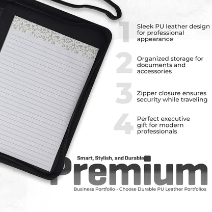 Zippered Leather Portfolio Binder with Junior Legal 5x8 Notepad - Black PU Leather Business Padfolio Organizer Folder with 8 Inch Tablet Sleeve & Gift Box by Lautus Designs