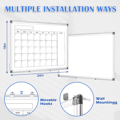 Monthly Calendar Dry Erase Whiteboard for Wall, 24" x 18" Magnetic Calendar White Board, Double-Sided Portable Board for Office, Kitchen, School, Home