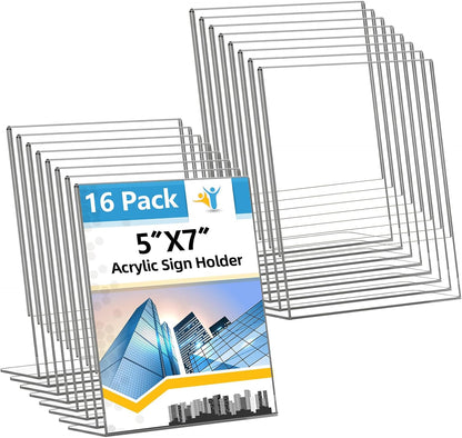 Acrylic Sign Holder 5x7 Inches, 16 Pack Clear Plastic Table Paper Display Stand, L-Shape Vertical Menu Holder Stand, Clear Picture Photo Flyer Display Stand for Restaurants, Store Show, Office Desktop