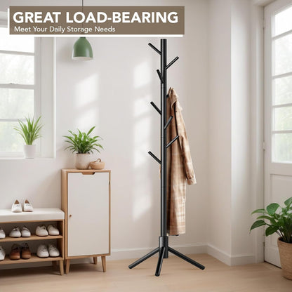Wooden Tree Coat Rack Stand,Sturdy Freestanding Coat Rack with 8 Hooks,3 Adjustable Height for Child Adult,Wood Coat Stand Tree Fits Entryway Bedroom Office for Bags,Hats