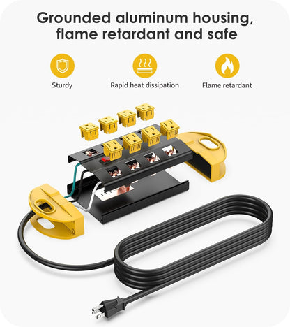 CCCEI Heavy Duty Power Strip Surge Protector, Metal 8 Outlets Power Strip for Appliance. Garage Shop Industrial Workbench 15 AMP Outlets Strip. 15FT Extension Cord, Yellow