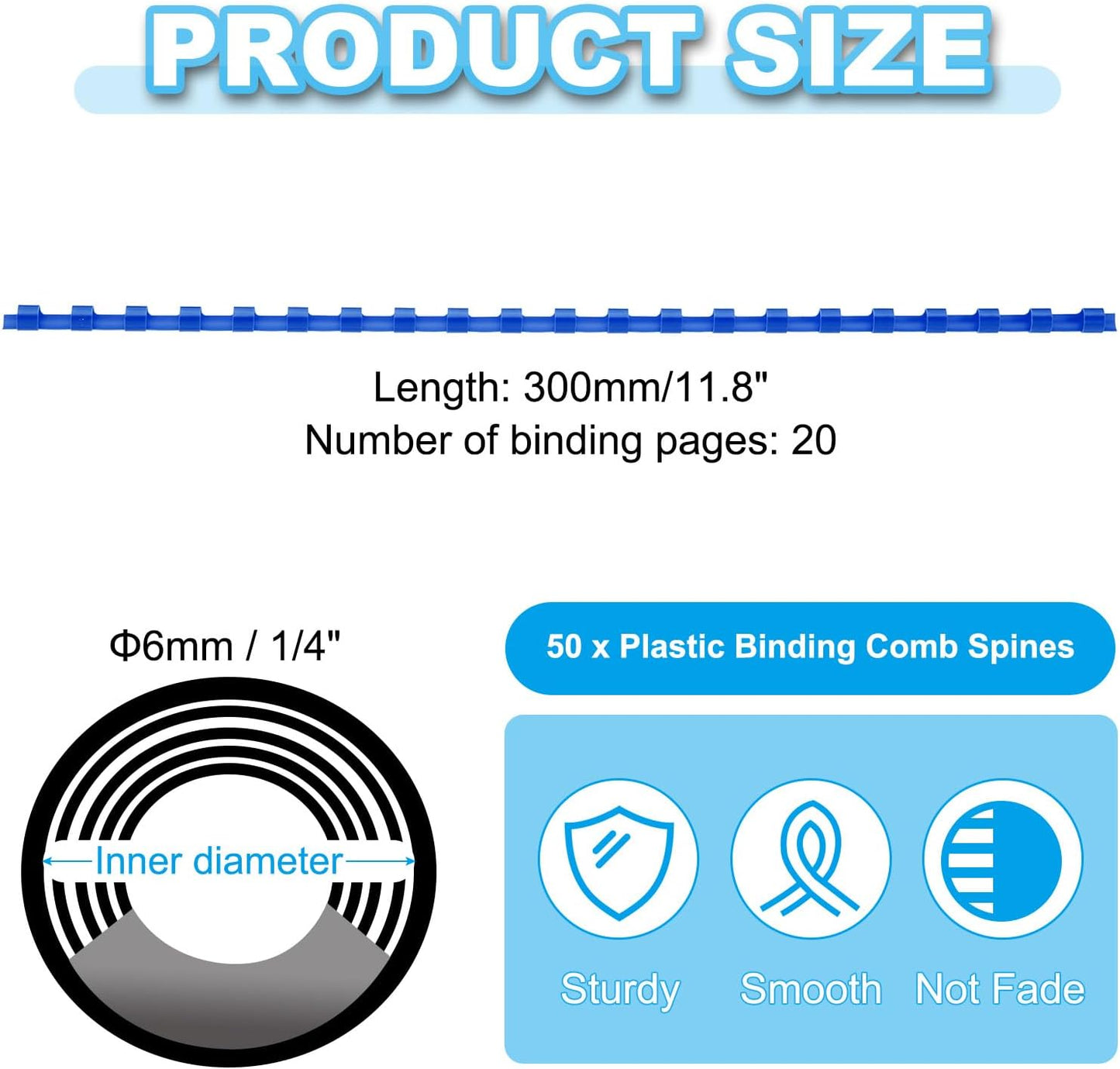 PATIKIL 6mm (1/4") Plastic Binding Combs, 50 Pcs 21 Rings Comb Binding Spines 20 Sheet Capacity Letter Size for Binding Paper Sheets, Blue