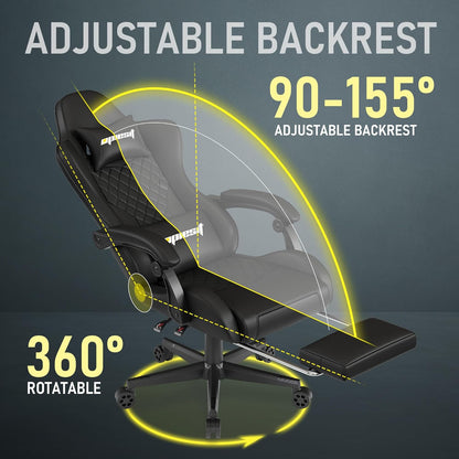 Gaming Chair,Ergonomic Computer Chairs for Adults with Footrest, PU Leather Office Chair with Adjustable Lumbar Support & Pocket Spring Cushion - Heavy Duty 400lb Capacity Gamer Chair(Black)