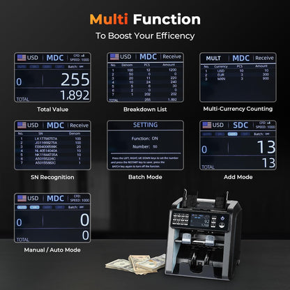 MUNBYN IMC08 Dual Money Counter Machine Mixed Denomination with Reject Pocket, Value Counting, Counterfeit Detection 2 CIS/UV/MG/IR, Sort&Print Enabled Cash Counter, Mixed Bill Counter (Black)
