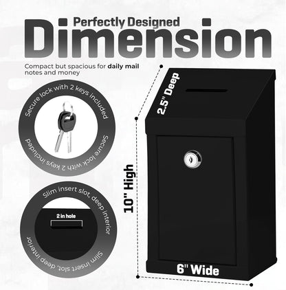 Metal Donation Box-Suggestion Box with Slot and lock-Cash Lock box for Money-Secure Drop Box-Comment and ballot voting box-comes with pre-drilled holes for easy wall mounting 10 X 6 X 2.5"(Black)