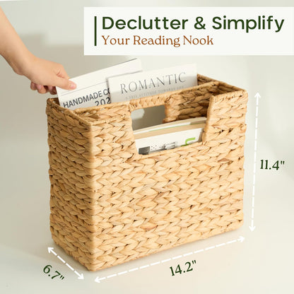 Wicker Magazine Basket, Handwoven Water Hyacinth Storage Bin & Organizer for Files, Books, Newspapers, Documents, Decorative Storage Bin with Handle for Office, Living Room, Dorm, Bathroom