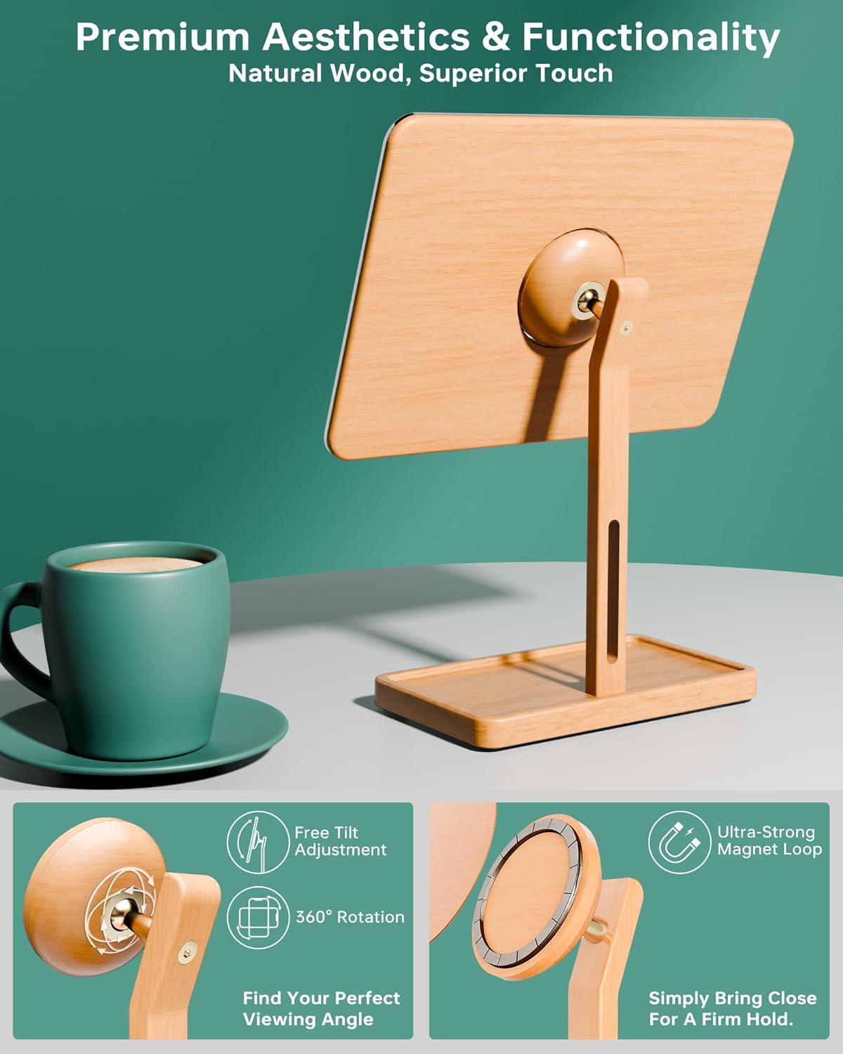 YEOUX Premium Desktop Glass Mirror, Dry Erase Board & Magnetic Phone Stand 3-in-1 | 360° Adjustable | Solid Wood | MagSafe Compatible, Small Whiteboard for Office Home Desk