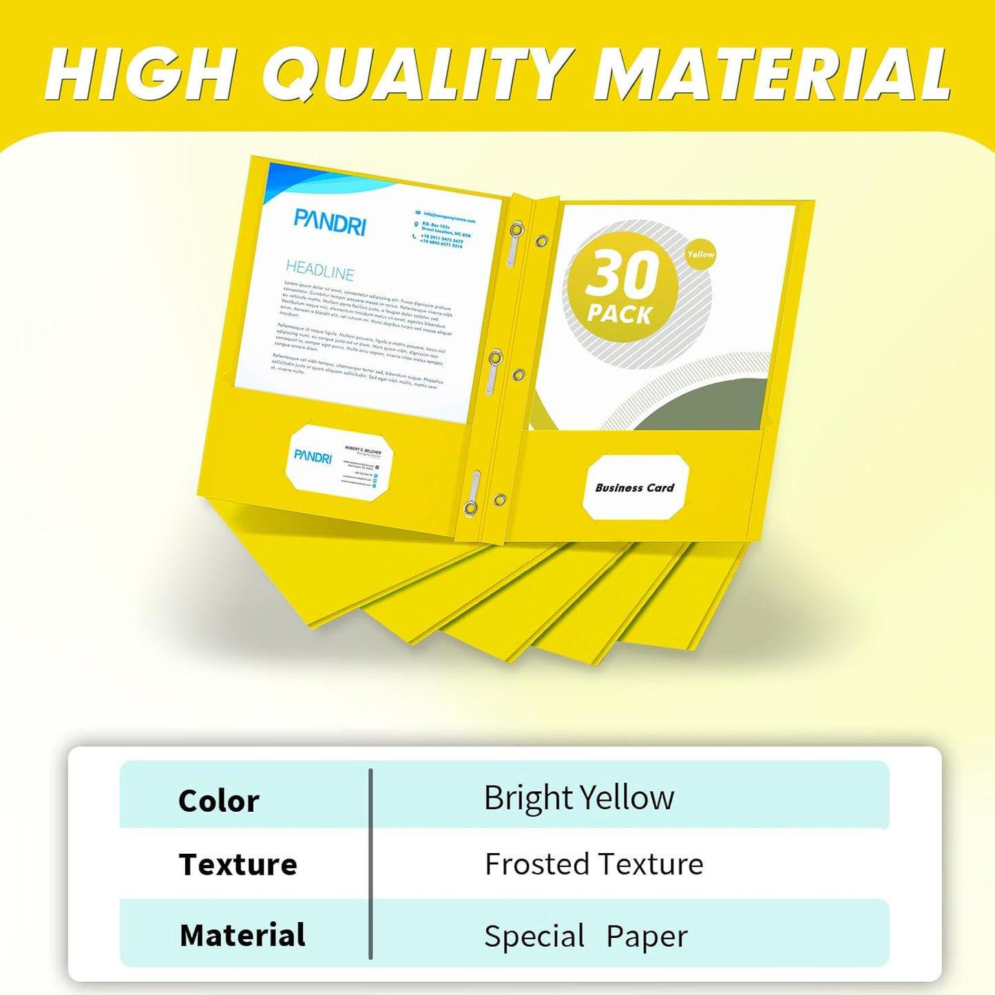 Two Pocket Folders, PANDRI 30 Pack Two Pocket Folders with Prongs, 3 Prong Folders Designed for Office and Classroom, Letter Size Yellow