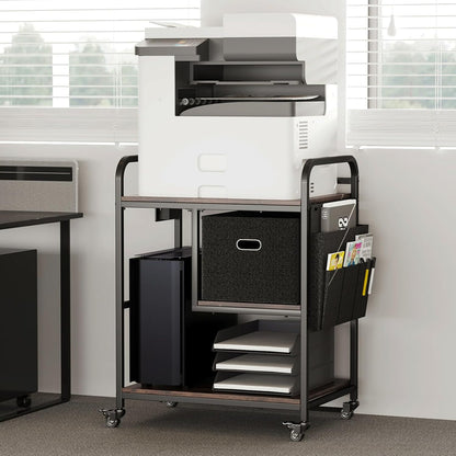 Large Printer Stand with Removable Storage Drawer, Mobile Printer Table with Charging Station for Home Office, Rolling Industrial Printer Cart with Wheels for Scanner Fax PC Tower (Brown)