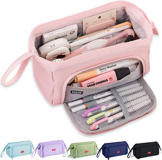 MAMUNU Pencil Case Pouch Large Capacity with Compartments, Pencil Case Pouch Bag with Zipper Handle for Teen Girls Adults Women, Portable Pen Bag Stationery Organizer for Office School Travel, Pink