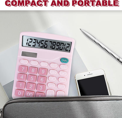 Basic Calculator with Comfortable Large LCD Display, 12 Digits Calculators Desktop, Tilt Screen, Big Button, Desk Calculator with Dual Power (Solar & Battery Included) (Pink)