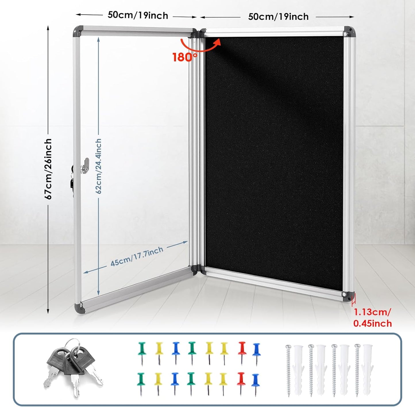Enclosed Bulletin Board Lockable Display Case Message Board with Locking Door for Indoor, Black Felt, Silver Aluminum Frame, 26x20inch(4XA4)