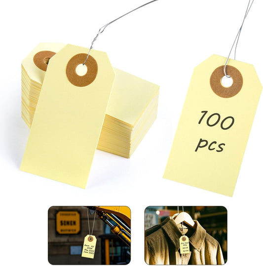 SallyFashion 100 Pack Pricing Tags with String, Blank Labeling Tag with Reinforced Hole and Metal Wire, Manila Hang Tabs for Luggage Clothing Sale Supplies Equipment Parts, Gift Tags(2 3/4" x 1 3/8")