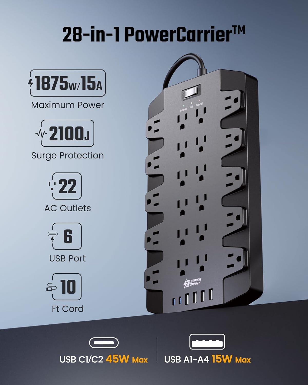 SUPERDANNY Power Strip Surge Protector with 10ft Extension Cord - 22 Outlets, 6 USB Ports, 45W Fast Charging - 1875W/15A, 2100J, 45°Plug, Mountable - Ideal for Home, Office, Gaming, PC, Streaming