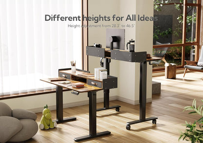 YDN Rustic Brown 2-Tier Adjustable Electric Standing Desk, 59 inch, Modern Design with 2 Drawers, Felt Fence, Hook, for Office