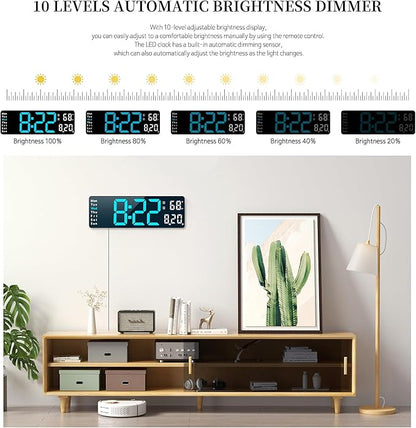 Digital Clock, Digital Wall Clock for Living Room Decor, Desk Alarm Clock for Bedroom, Large Wall Clock with Remote Control, Automatic Brightness Dimmer LED Clock with Date Temperature Week (Blue-B)