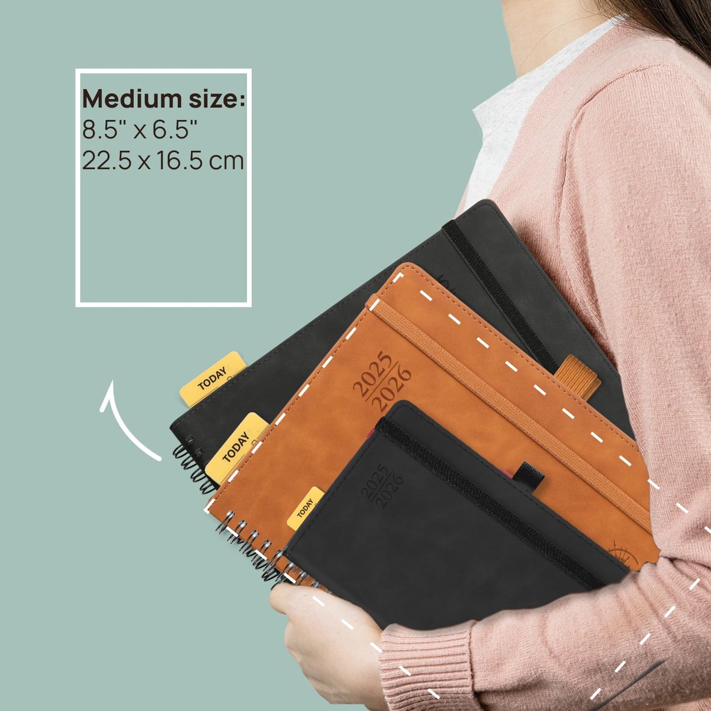 POPRUN Planner 2025-2026 Weekly Notebook (Medium 8.5''x 6.5''), Academic Calendar (JUL.25 - JUN.26) Appointment Book with Monthly Tabs, Spiral Soft Cover, Inner Pocket, 100 GSM - Brown