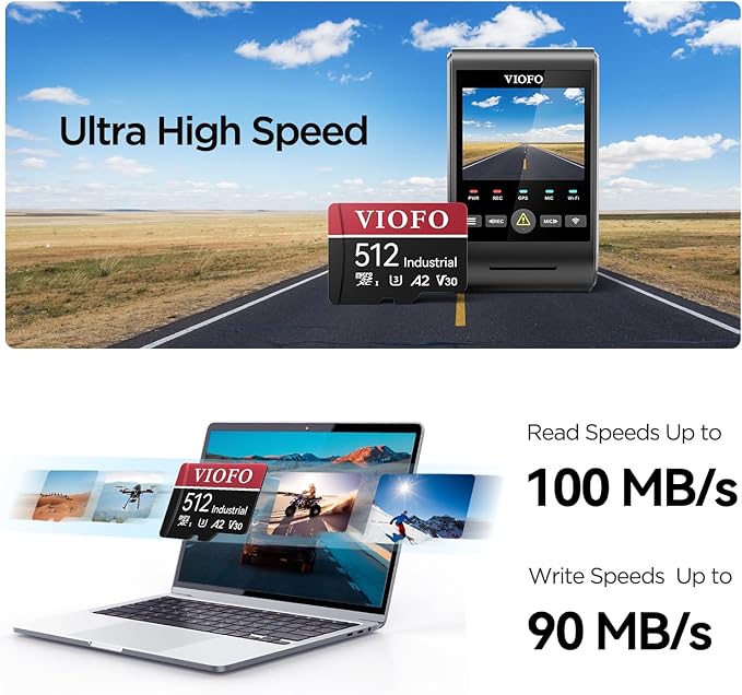 VIOFO 512GB Industrial Grade microSD Card, U3 A2 V30 High Speed Memory Card with Adapter, Support Ultra HD 4K Video Recording
