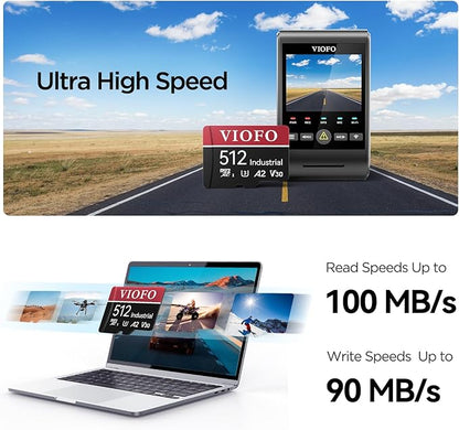 VIOFO 512GB Industrial Grade microSD Card, U3 A2 V30 High Speed Memory Card with Adapter, Support Ultra HD 4K Video Recording