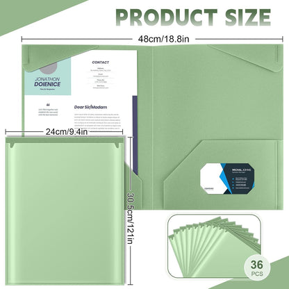 Henoyso 36 Pcs Plastic Folders with Clear Front Pockets Heavy Duty File Folders with 2 Pockets and Card Slot for Student Communication School Office Presentation Report (Sage Green)