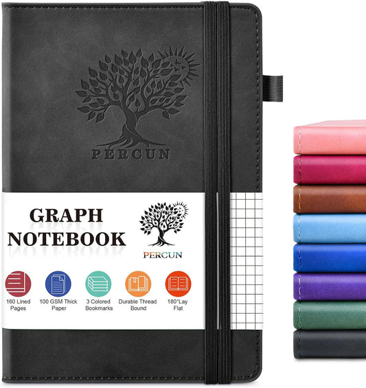 Graph Paper Notebook, 160 Pages Grid Journal for women & men, A5 Hardcover Leather Graphing Notebook for School, Work, Travel, Note Taking 5.9”x8.5” (Black)