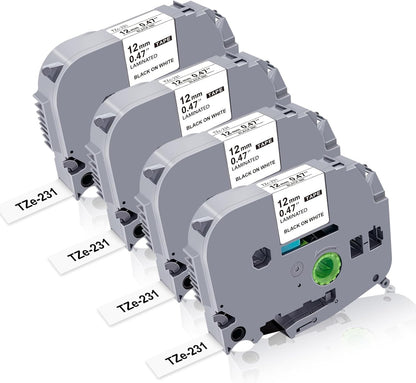 TZe-231 Label Tape 12mm Replacement for Brother Label Maker Tape 12mm 0.47 Laminated White TZ-231 TZe231 TZ Tape Work for Brother P Touch PT-H110 PTD210 D220 D400 D600 1280, 4PK