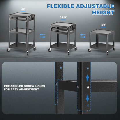 Steel AV Cart on Wheels - Rolling Projector Cart with Height Adjustable Shelf, Pullout Keyboard Tray, Power Strip, Cord Management - Mobile Media Carts Computer Workstation for Office Classroom